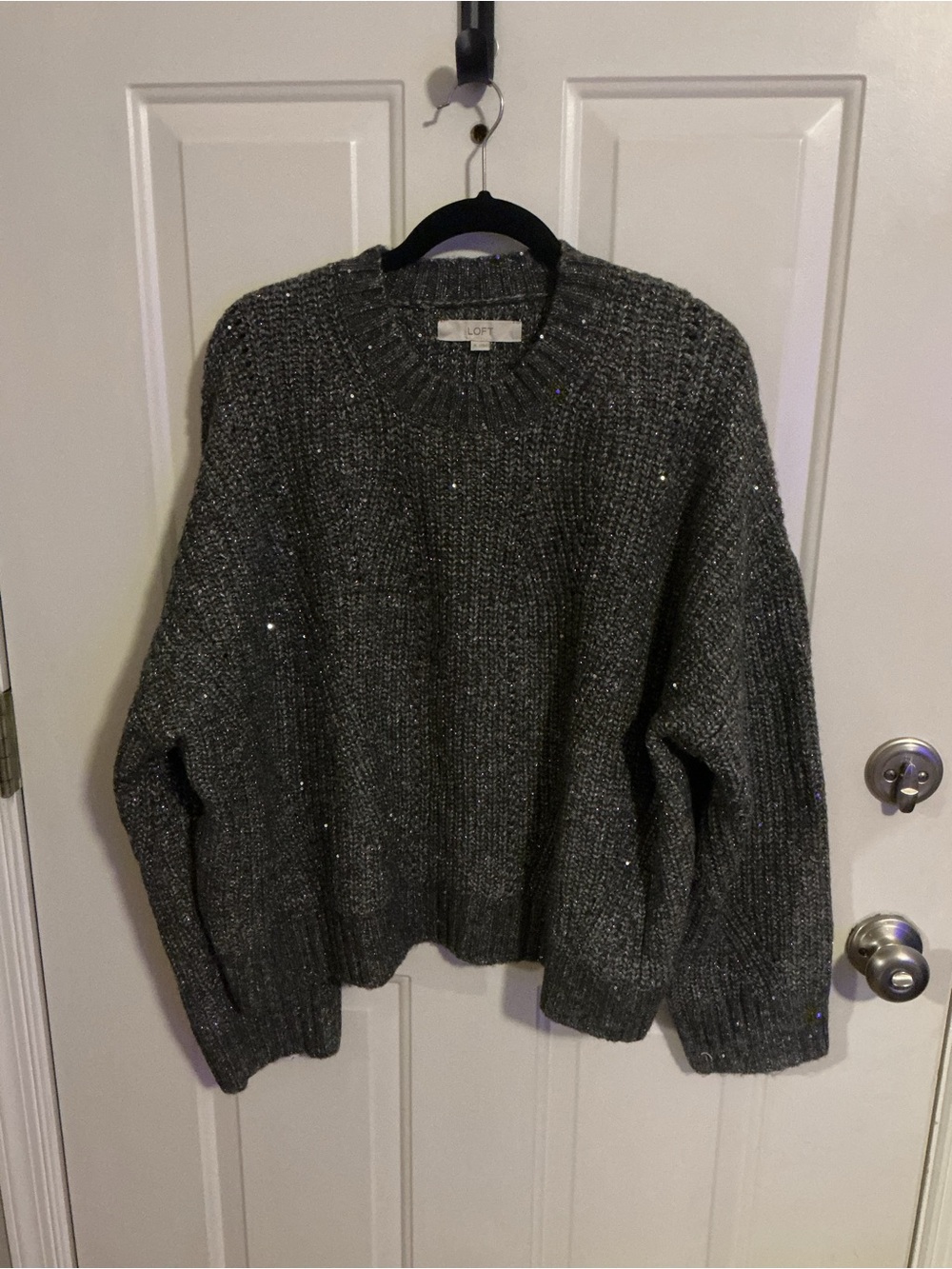 LOFT Gray Metallic Knit Crewneck Sweater